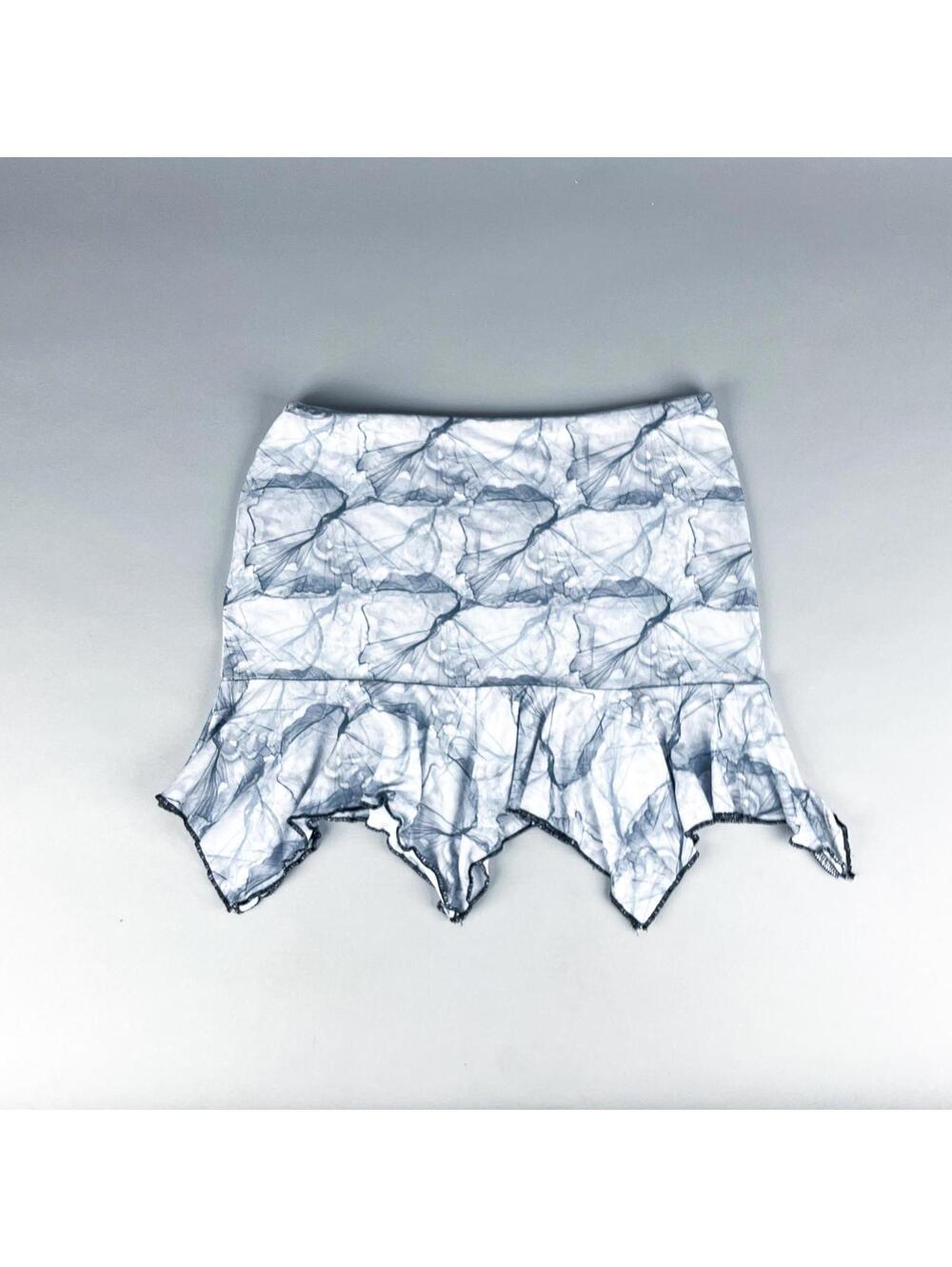 Ruffled Mini Skirt | Upcycled Low Rise Grey Stretchy Skirt, Asymmetrical Ruffled